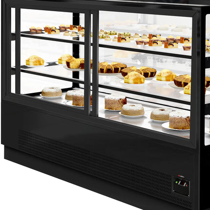 GGM Gastro Commercial cake display fridge - 782L - 2000mm - Double glazing - mirrored front - with 2 glass shelves - rear sliding doors - For UK - Black