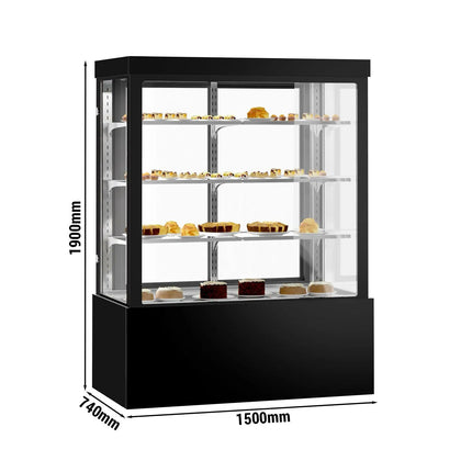 GGM Gastro Commercial cake display fridge - Double glazing - square - mirrored front - with 3 adjustable shelves - rear sliding doors - for patisserie - 1400L - 1500mm - Black