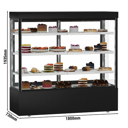 GGM Gastro Commercial cake display fridge MADRID - 1200L - 1800mm - Double glazing - square - with 3 adjustable glass shelves - rear sliding doors - Black matt