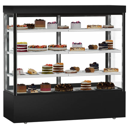 GGM Gastro Commercial cake display fridge MADRID - 1200L - 1800mm - Double glazing - square - with 3 adjustable glass shelves - rear sliding doors - Black matt