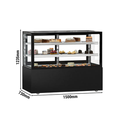 GGM Gastro Commercial cake display fridge MADRID - 620L - 1500mm - Double glazing - square - with 2 adjustable glass shelves - rear sliding doors - Black matt