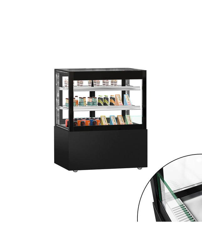 GGM Gastro Commercial cake display fridge MADRID Self-Service - 435L - 1000mm - Double glazing - square - with 2 glass shelves - rear sliding doors - incl. night curtain - for patisserie - Black matt
