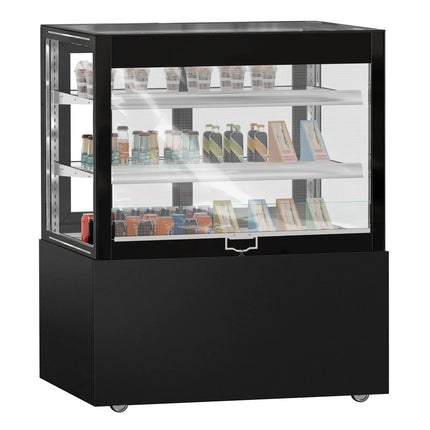 GGM Gastro Commercial cake display fridge MADRID Self-Service - 435L - 1000mm - Double glazing - square - with 2 glass shelves - rear sliding doors - incl. night curtain - for patisserie - Black matt