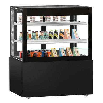 GGM Gastro Commercial cake display fridge MADRID Self-Service - 435L - 1000mm - Double glazing - square - with 2 glass shelves - rear sliding doors - incl. night curtain - for patisserie - Black matt