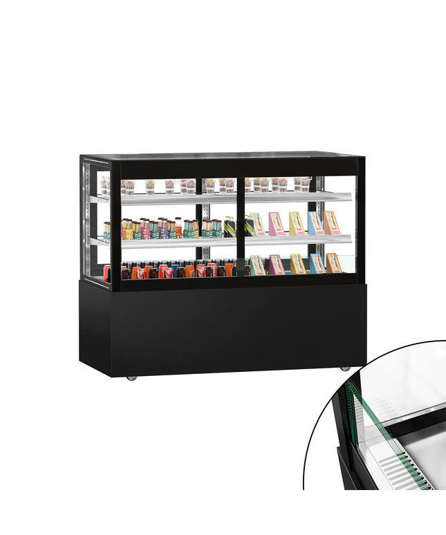 GGM Gastro Commercial cake display fridge MADRID Self-Service - 530L - 1500mm - Double glazing - square - with 2 glass shelves - rear sliding doors - incl. night curtain - for patisserie - Black matt