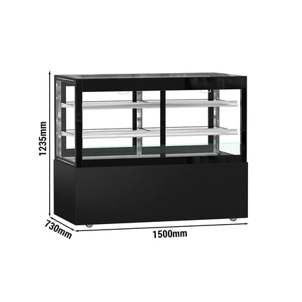 GGM Gastro Commercial cake display fridge MADRID Self-Service - 530L - 1500mm - Double glazing - square - with 2 glass shelves - rear sliding doors - incl. night curtain - for patisserie - Black matt