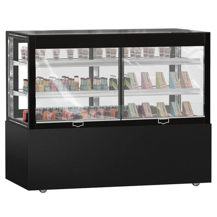 GGM Gastro Commercial cake display fridge MADRID Self-Service - 530L - 1500mm - Double glazing - square - with 2 glass shelves - rear sliding doors - incl. night curtain - for patisserie - Black matt