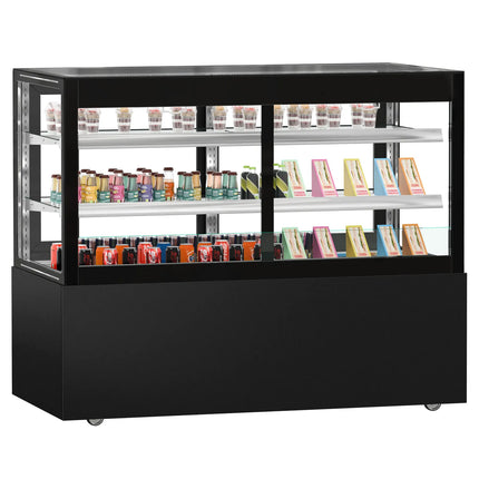 GGM Gastro Commercial cake display fridge MADRID Self-Service - 530L - 1500mm - Double glazing - square - with 2 glass shelves - rear sliding doors - incl. night curtain - for patisserie - Black matt