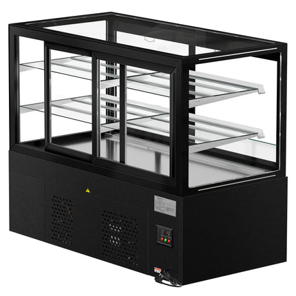 GGM Gastro Commercial cake display fridge MADRID Self-Service - 530L - 1500mm - Double glazing - square - with 2 glass shelves - rear sliding doors - incl. night curtain - for patisserie - Black matt