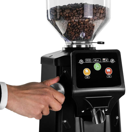 GGM Gastro Commercial Coffee Grinder - 1.2kg - with Cooling Fan - Ø 75mm Flat Burrs - Portafilter-Activated - On Demand - Direct to Portafilter - Black