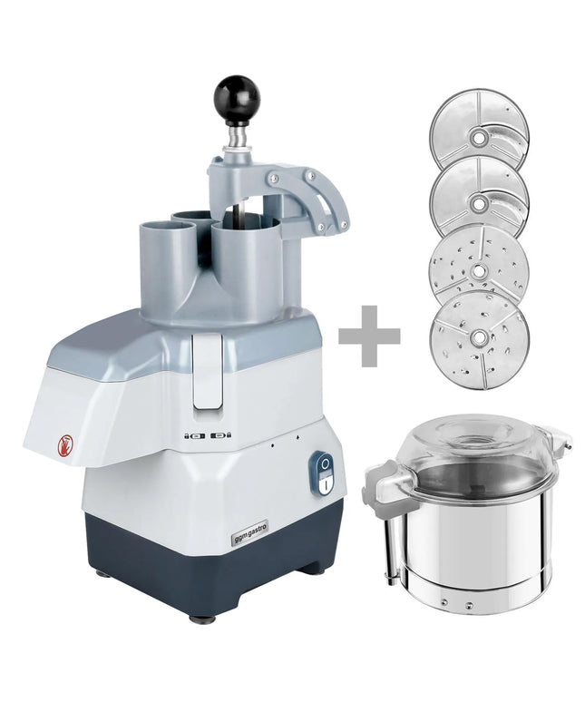 GGM Gastro Commercial Compact Veg Prep Machine - 735W - incl. 4 Cutting/Grating Discs & Cutter Bowl Attachment - Stainless Steel - Flip-Top Lid
