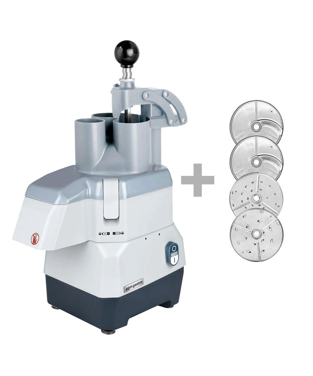GGM Gastro Commercial Compact Veg Prep Machine - 735W - incl. 4 Cutting/Grating Discs - Stainless Steel - Flip-Top Lid