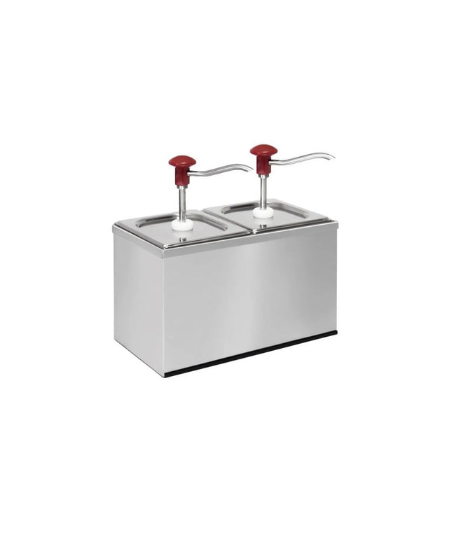 GGM Gastro Commercial Condiment Dispenser - 2x 2 litres - adjustable dose - 30ml per pump - with container - incl. stainless steel frame - Chromed steel and plastic - 340x180x340mm