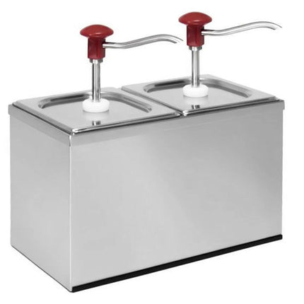 GGM Gastro Commercial Condiment Dispenser - 2x 2 litres - adjustable dose - 30ml per pump - with container - incl. stainless steel frame - Chromed steel and plastic - 340x180x340mm