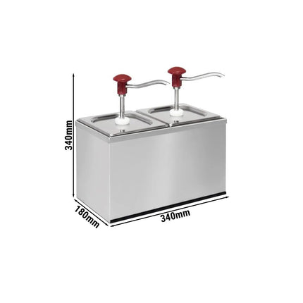 GGM Gastro Commercial Condiment Dispenser - 2x 2 litres - adjustable dose - 30ml per pump - with container - incl. stainless steel frame - Chromed steel and plastic - 340x180x340mm