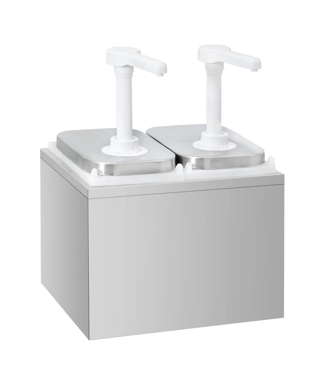 GGM Gastro Commercial Condiment Dispenser - 2x 2 litres - with container - Stainless steel 18/8 - Polypropylene containers - adjustable dose - 255x215x325mm - incl. stainless steel frame
