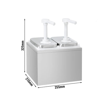 GGM Gastro Commercial Condiment Dispenser - 2x 2 litres - with container - Stainless steel 18/8 - Polypropylene containers - adjustable dose - 255x215x325mm - incl. stainless steel frame