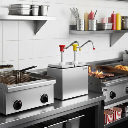 GGM Gastro Commercial Condiment Dispenser - 2x 2.5 litres - adjustable dose - with container - incl. stainless steel frame