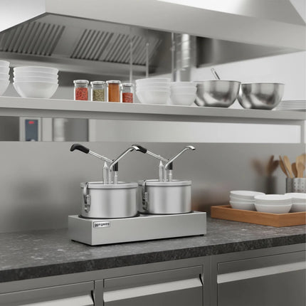 GGM Gastro Commercial Condiment Dispenser - 2x4 litres - adjustable dose - with container - Stainless steel - 400x203x350mm - incl. stainless steel frame