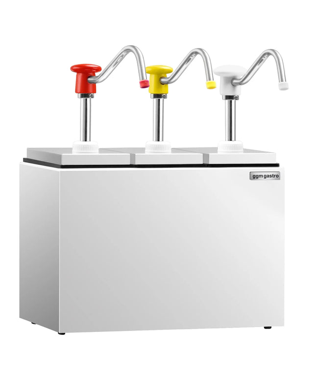 GGM Gastro Commercial Condiment Dispenser - 3x 2.5 litres - with container - incl. stainless steel frame - adjustable dose - Plastic containers, stainless steel rack - 190x355x268mm