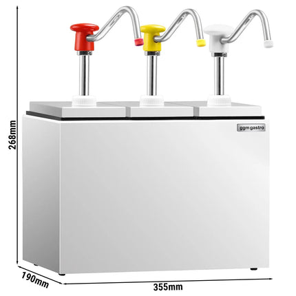 GGM Gastro Commercial Condiment Dispenser - 3x 2.5 litres - with container - incl. stainless steel frame - adjustable dose - Plastic containers, stainless steel rack - 190x355x268mm