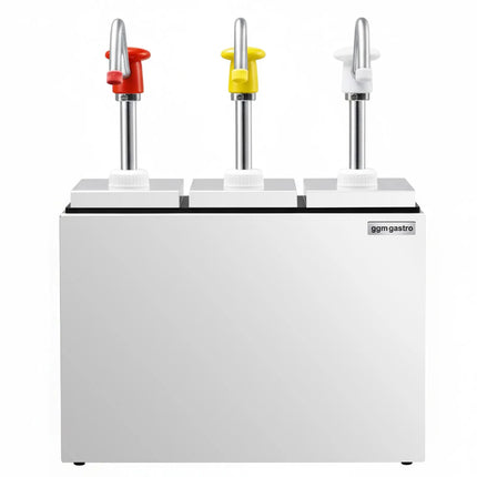 GGM Gastro Commercial Condiment Dispenser - 3x 2.5 litres - with container - incl. stainless steel frame - adjustable dose - Plastic containers, stainless steel rack - 190x355x268mm
