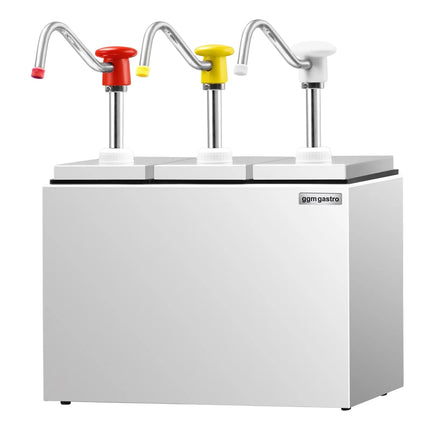 GGM Gastro Commercial Condiment Dispenser - 3x 2.5 litres - with container - incl. stainless steel frame - adjustable dose - Plastic containers, stainless steel rack - 190x355x268mm