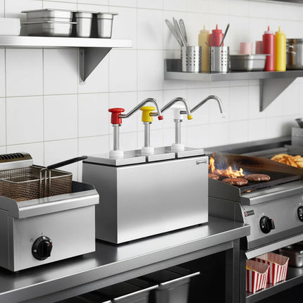 GGM Gastro Commercial Condiment Dispenser - 3x 2.5 litres - with container - incl. stainless steel frame - adjustable dose - Plastic containers, stainless steel rack - 190x355x268mm