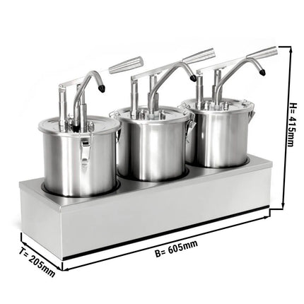 GGM Gastro Commercial Condiment Dispenser - 3x 4 litres - Stainless steel - 605x415mm - adjustable dose - with container - incl. stainless steel frame