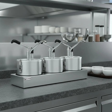 GGM Gastro Commercial Condiment Dispenser - 3x 4 litres - Stainless steel - 600x203x350mm - adjustable dose - with container - incl. stainless steel frame