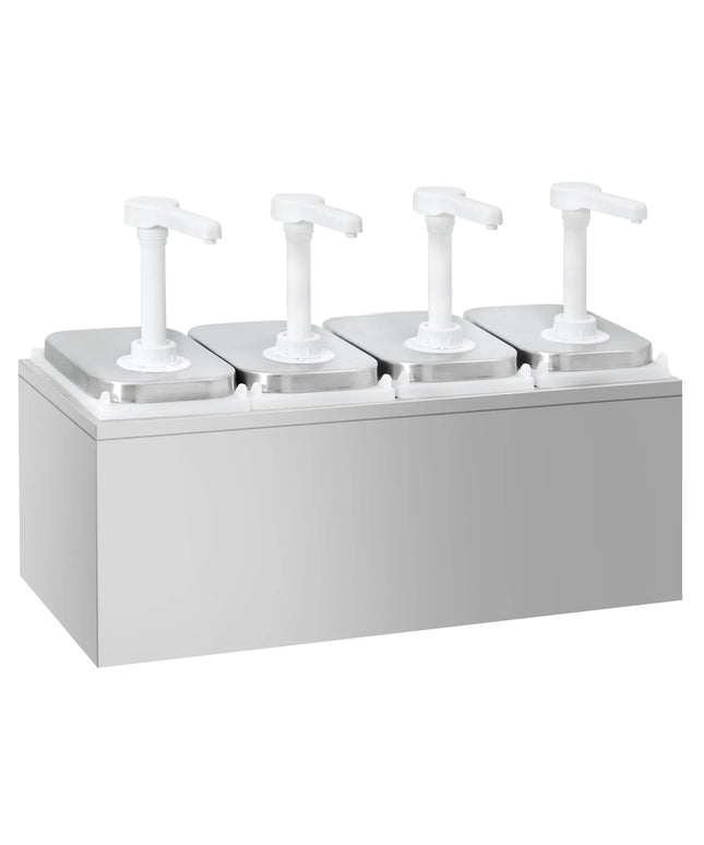 GGM Gastro Commercial Condiment Dispenser - 4x 2 litres - adjustable dose - with container - incl. stainless steel frame - Stainless steel frame; Containers Polypropylene - 480x215x325mm