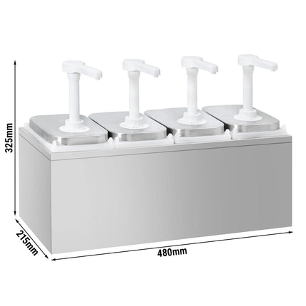 GGM Gastro Commercial Condiment Dispenser - 4x 2 litres - adjustable dose - with container - incl. stainless steel frame - Stainless steel frame; Containers Polypropylene - 480x215x325mm