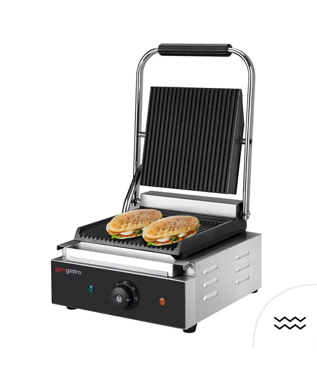 GGM Gastro Commercial Contact Grill - Heavy Duty Panini Press - 1.8kW - plates: ribbed top & bottom - grill area: 235x225mm