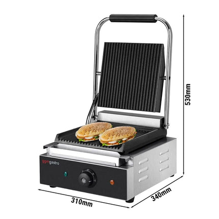 GGM Gastro Commercial Contact Grill - Heavy Duty Panini Press - 1.8kW - plates: ribbed top & bottom - grill area: 235x225mm