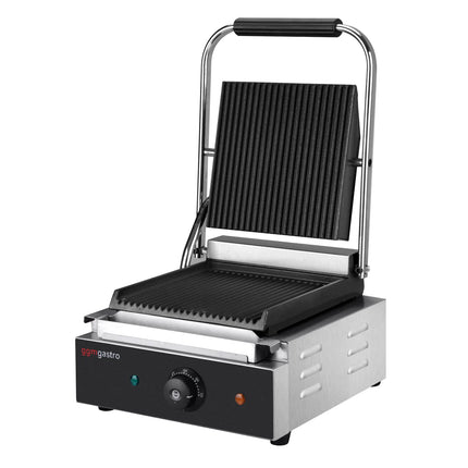 GGM Gastro Commercial Contact Grill - Heavy Duty Panini Press - 1.8kW - plates: ribbed top & bottom - grill area: 235x225mm