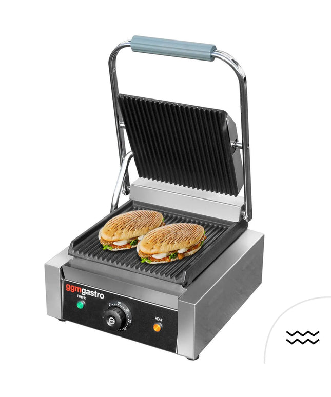 GGM Gastro Commercial Contact Grill - Heavy Duty Panini Press - 2.2kW - Digital - plates: ribbed top & bottom - grill area: 230x230mm