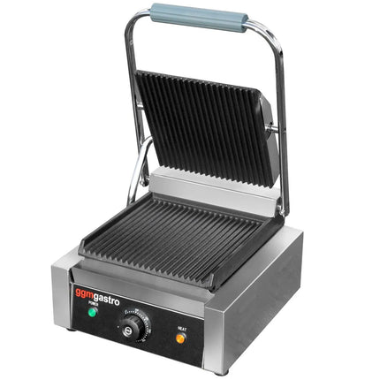 GGM Gastro Commercial Contact Grill - Heavy Duty Panini Press - 2.2kW - Digital - plates: ribbed top & bottom - grill area: 230x230mm