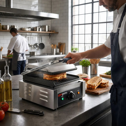 GGM Gastro Commercial Contact Grill - Heavy Duty Panini Press - 2.2kW - Digital - plates: ribbed top & bottom - grill area: 230x230mm