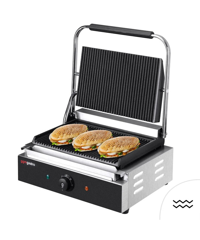 GGM Gastro Commercial Contact Grill - Heavy Duty Panini Press - 2.2kW - plates: ribbed top & bottom - grill area: 345x235mm