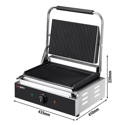 GGM Gastro Commercial Contact Grill - Heavy Duty Panini Press - 2.2kW - plates: ribbed top & bottom - grill area: 345x235mm