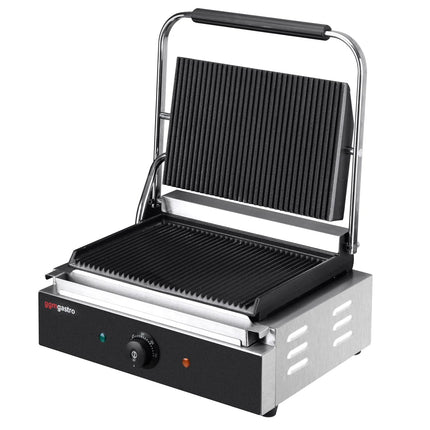 GGM Gastro Commercial Contact Grill - Heavy Duty Panini Press - 2.2kW - plates: ribbed top & bottom - grill area: 345x235mm