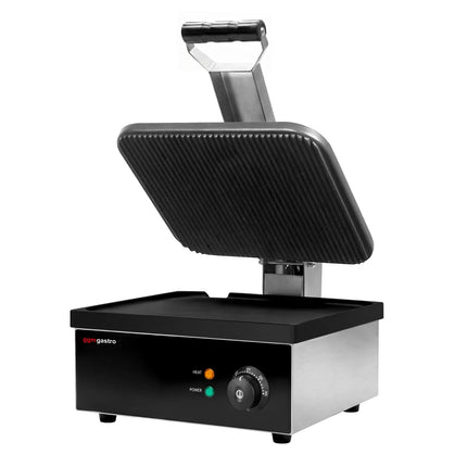 GGM Gastro Commercial Contact Grill - Heavy Duty Panini Press - 2.2kW - plates: ribbed top & smooth bottom - grill area: 350x330mm