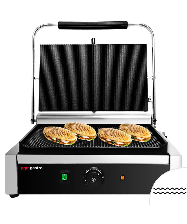 GGM Gastro Commercial Contact Grill - Heavy Duty Panini Press - 2.6kW - plates: ribbed top & bottom - grill area: 400x225mm