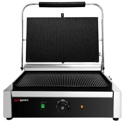 GGM Gastro Commercial Contact Grill - Heavy Duty Panini Press - 2.6kW - plates: ribbed top & bottom - grill area: 400x225mm