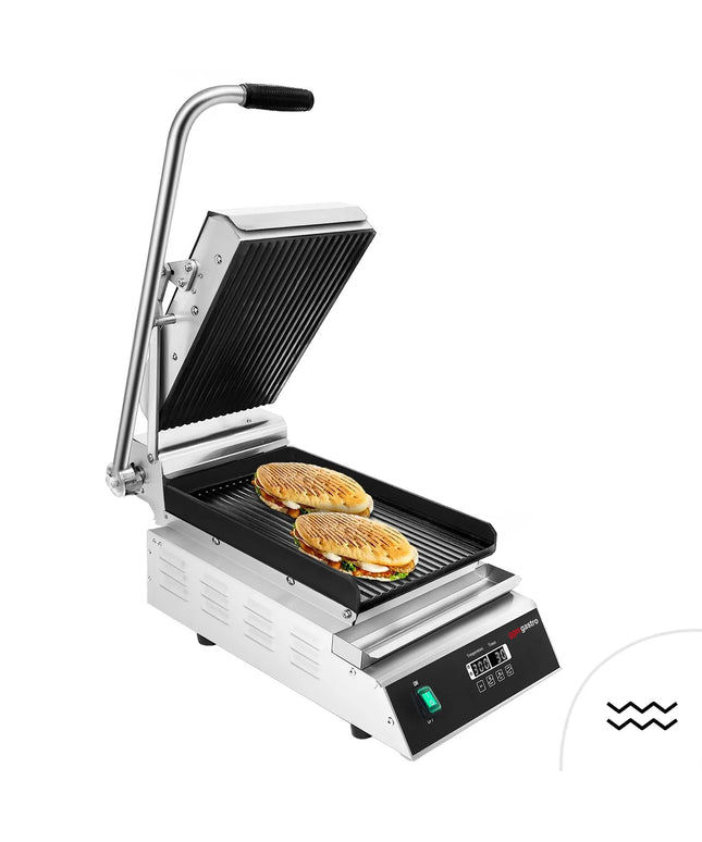 GGM Gastro Commercial Contact Grill - Heavy Duty Panini Press- 2.8kW - Digital - plates: ribbed top & bottom - grill area: 223x380mm