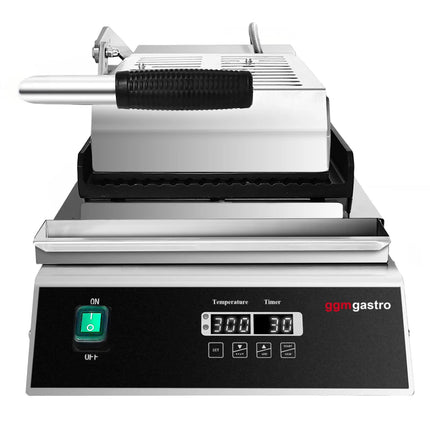 GGM Gastro Commercial Contact Grill - Heavy Duty Panini Press- 2.8kW - Digital - plates: ribbed top & bottom - grill area: 223x380mm