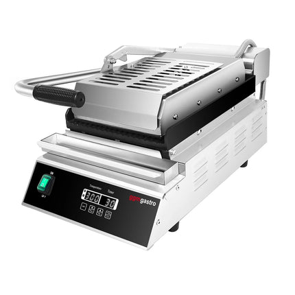 GGM Gastro Commercial Contact Grill - Heavy Duty Panini Press- 2.8kW - Digital - plates: ribbed top & bottom - grill area: 223x380mm
