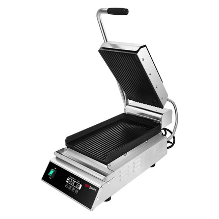 GGM Gastro Commercial Contact Grill - Heavy Duty Panini Press- 2.8kW - Digital - plates: ribbed top & bottom - grill area: 223x380mm