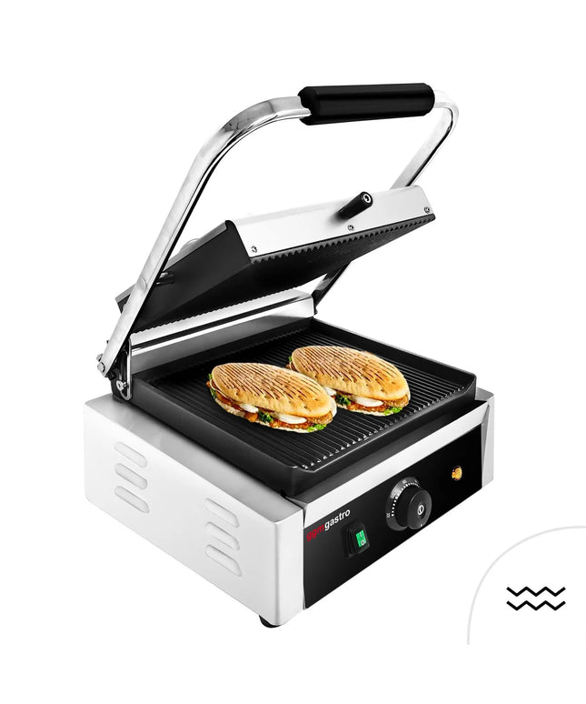 GGM Gastro Commercial Contact Grill - Heavy Duty Panini Press - 2kW - plates: ribbed top & bottom - grill area: 270x255mm