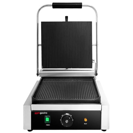 GGM Gastro Commercial Contact Grill - Heavy Duty Panini Press - 2kW - plates: ribbed top & bottom - grill area: 270x255mm